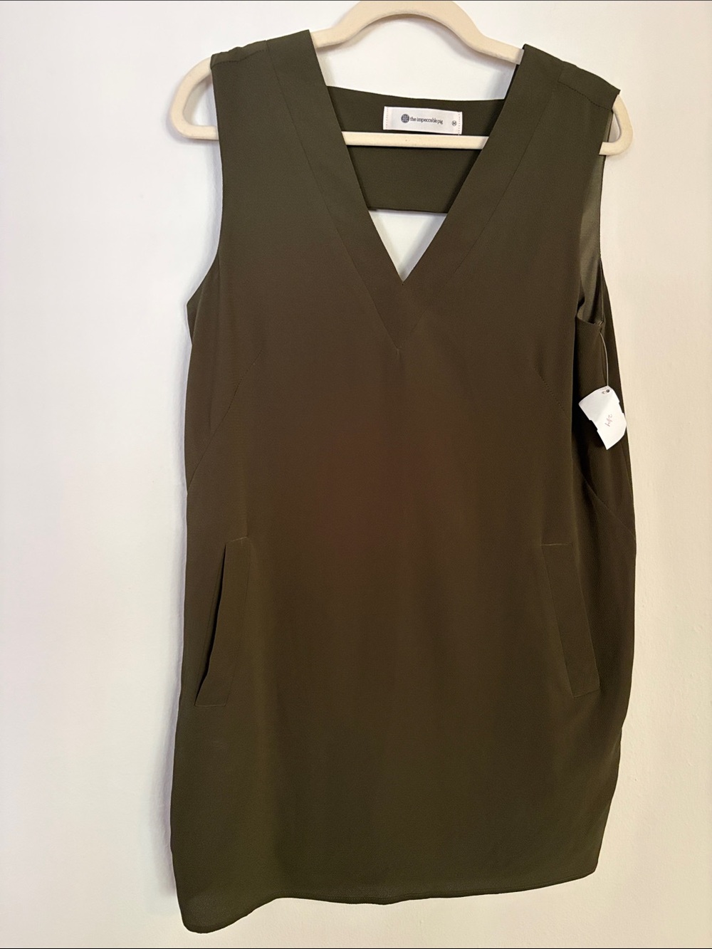 The Impeccable Pig Olive Green V-Neck Mini Shift Dress